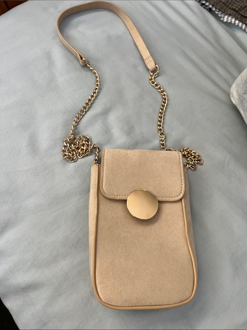 H&M Beige Suede Crossbody Phone Bag with Gold Chain and Medallion Snap Closure